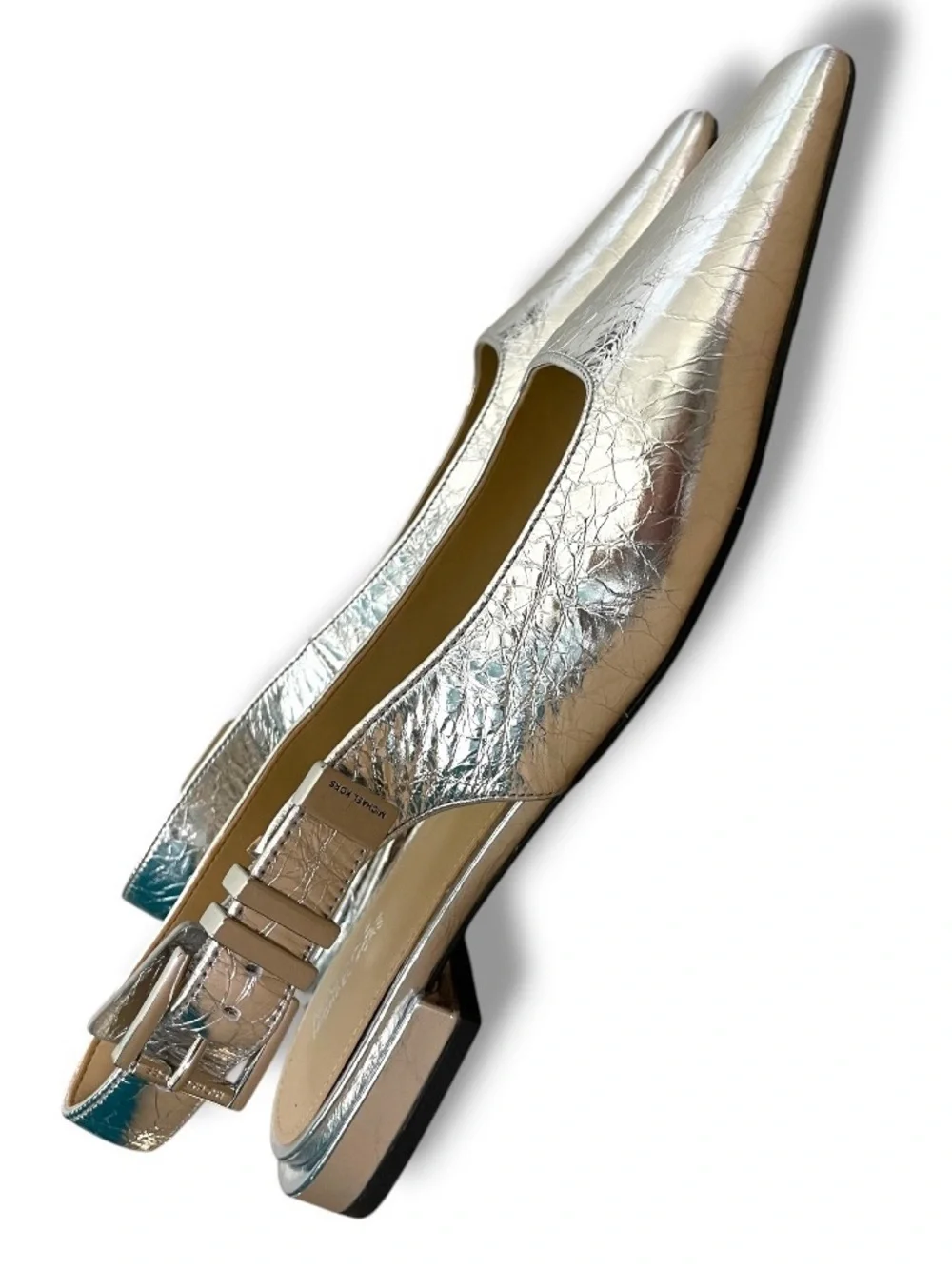 Michael Kors Silver Slingback Flats 7.5M Metallic Crackle Leather Pointed Toe